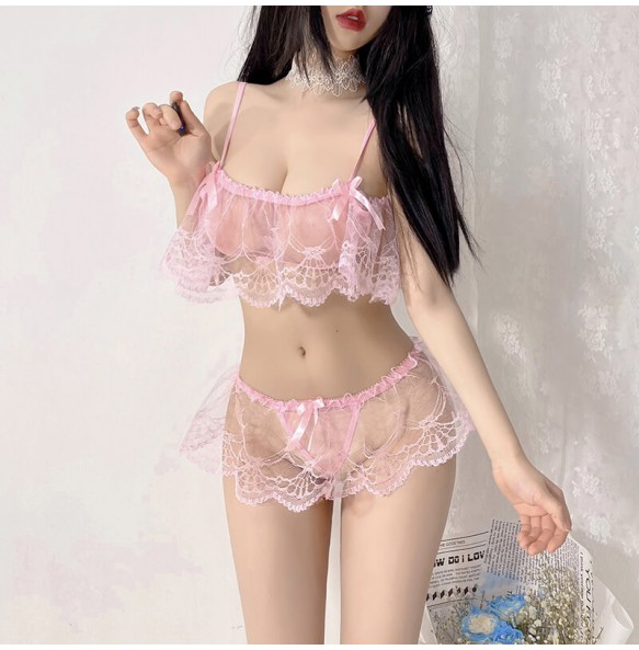 FEE ET MOI - Sheer Lace Bandeau Bikini Set (Pink)